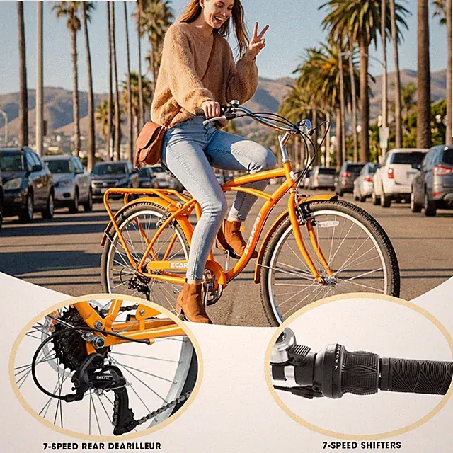 26" Beach Cruiser Bike 7-Speed Bicycle with Steel Frame V-Brakes for Men & Women