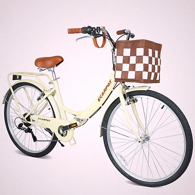 26" Folding City Commuter Bike 7-Speed V-Brake Bicycle with Basket & Cup Holder
