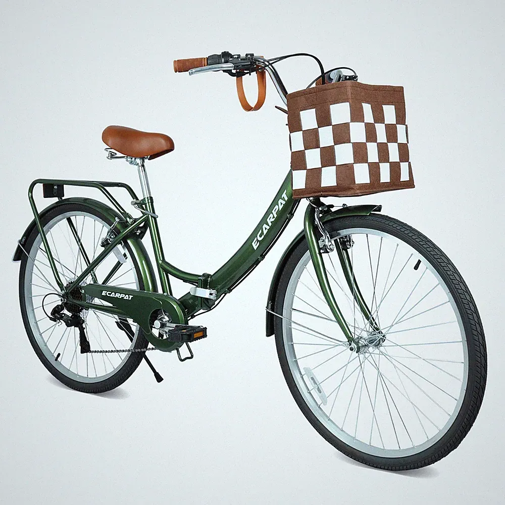 26" Folding City Commuter Bike 7-Speed V-Brake Bicycle with Basket & Cup Holder